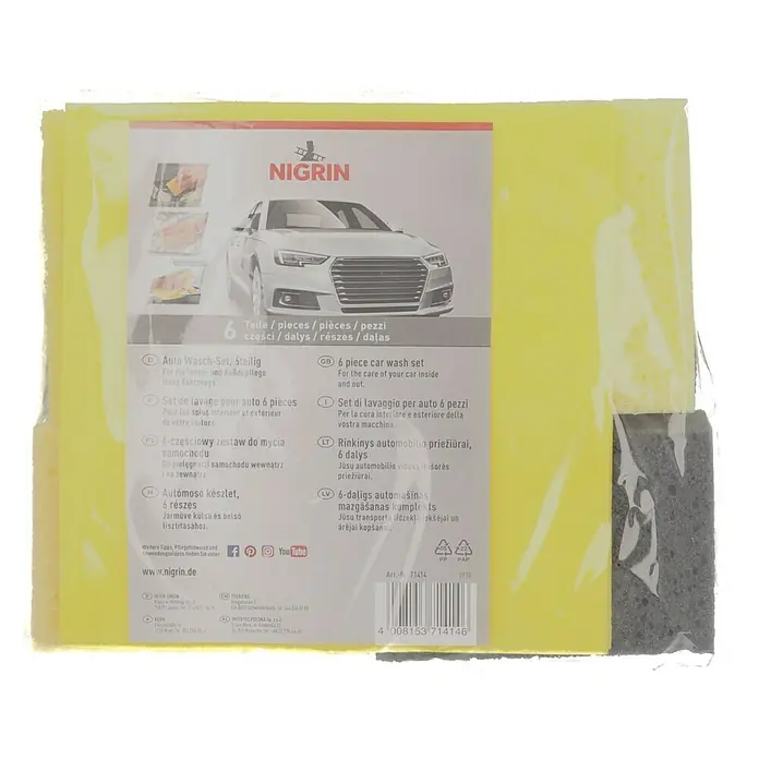 Nigrin Auto-Wasch-Set - 6 -tlg. - Abgebildetes Nigrin 6-teiliges Autowäsche-Set, ideal für die Pflege und Reinigung von Fahrzeugen.