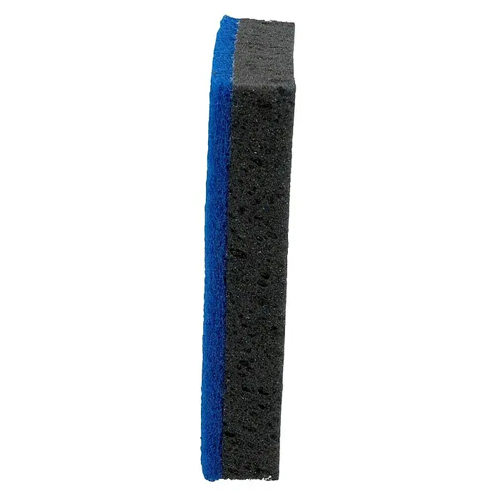 Nigrin Felgenschwamm - Geeignet für: Stahl- & Alufelgen - Das Bild zeigt einen rechteckigen Reinigungsschwamm mit einer blauen Scheuerseite und einer schwarzen Schwammseite, ideal für die Reinigung im Haushalt.