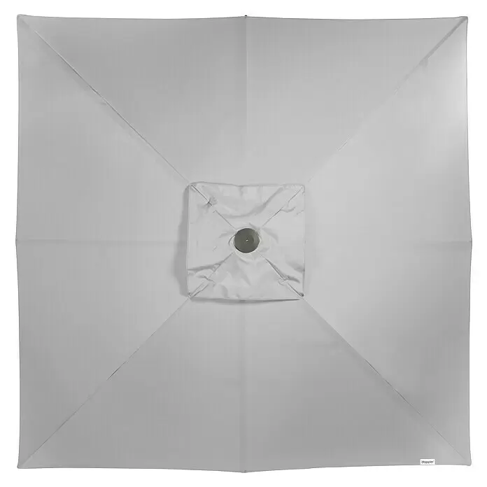 Doppler Alu Expert Marktschirm Teleskop - Hellgrau, Bespannungsmaß (L x B): 350 x 350 cm - Quadratisches, hellgraues Schirmdach mit zentralem silbernem Mechanismus, von unten gesehen.