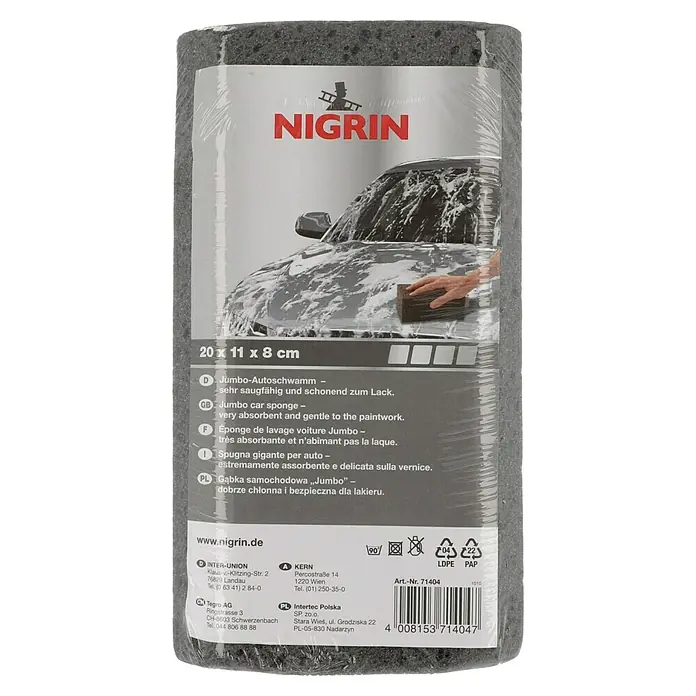 Nigrin Jumbo-Autoschwamm - 20 x 11 x 8 cm - Nigrin Jumbo Autoschwamm: Sehr saugfähig und schonend, ideal für die Autowäsche. Praktische Größe von 20 x 11 x 8 cm.