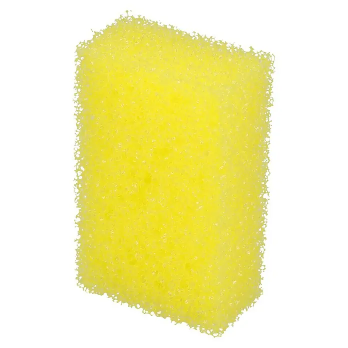 Nigrin Insektenschwamm - 11 x 6 cm, Gelb - Nahaufnahme eines rechteckigen, gelben Schwamms mit unregelmäßiger Oberfläche vor schwarzem Hintergrund.