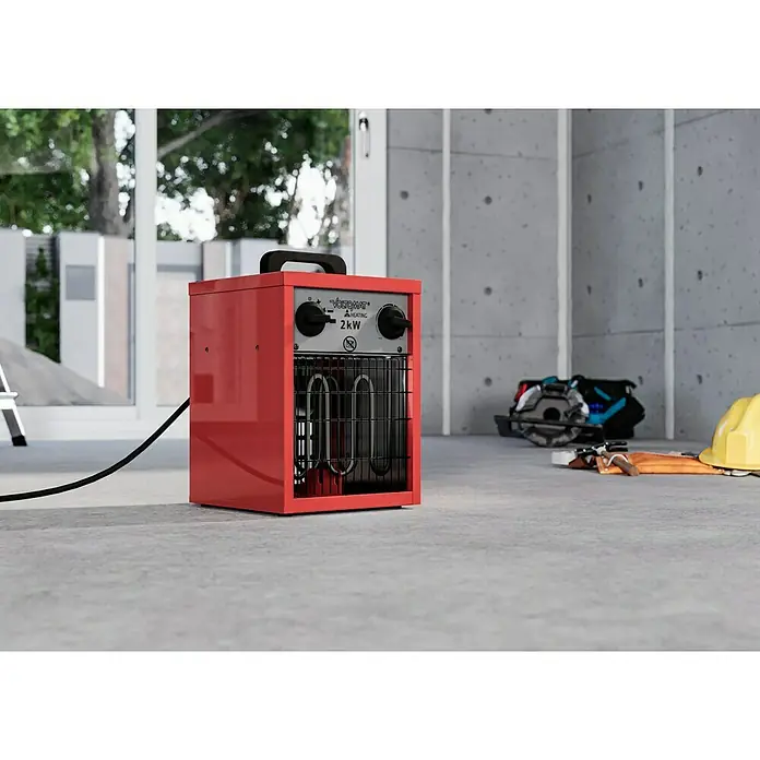 Voltomat HEATING Bauheizer - Passend für: Raumgröße bis ca. 20 m², 1.000 W - 2.000 W, Nennspannung: 220 V - 240 V, Rot, IP24 - Roter Vooma Heizlüfter mit zwei Heizstufen und einem robusten Design für Baustellen und Werkstätten.