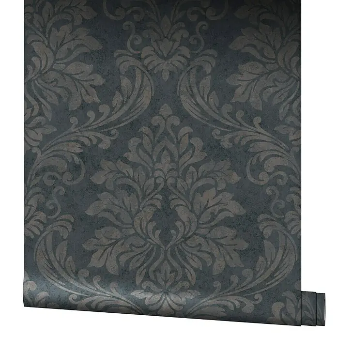 Marburg GZSZ Vliestapete - Schwarz/Braun, Ornament, 10,05 x 0,53 m - Nahaufnahme einer Rolle dunkler Barocktapete, die ein elegantes, klassisches Design für stilvolle Innenräume zeigt.