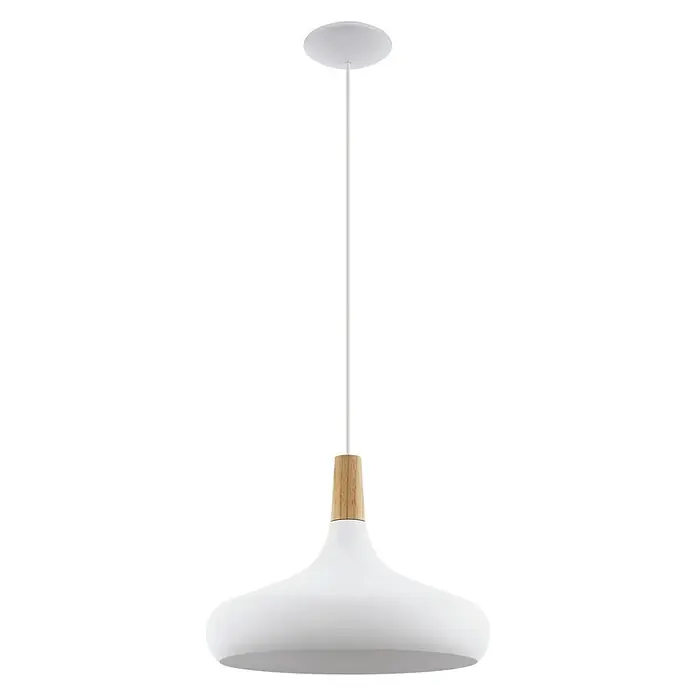 Eglo Pendelleuchte rund Sabinar - 60 W, Ø x H: 400 mm x 110 cm, Braun, Weiß, E27 - Eine moderne, weiße Pendelleuchte mit einem Holzelement, die ein stilvolles Ambiente erzeugt. Ideal für Wohn- und Essbereiche.