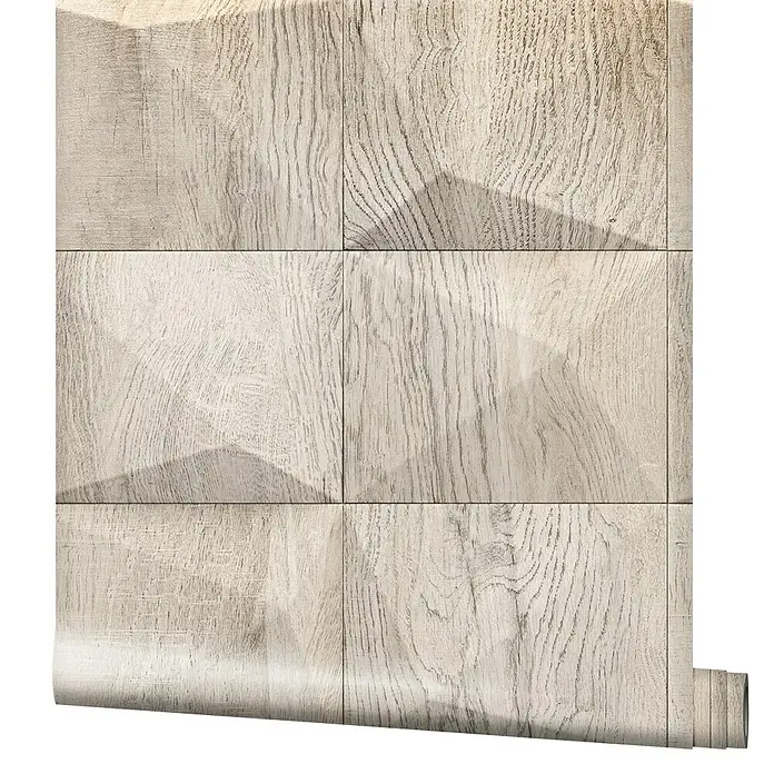 Marburg GZSZ Vliestapete Holzwand - Grau/Beige, 3D-Optik, 10,05 x 0,53 m - Nahaufnahme der Holzstruktur-Tapete. Das Produkt hat eine helle Farbe und eine Textur, die einer Oberfläche aus natürlichem Holz ähnelt.