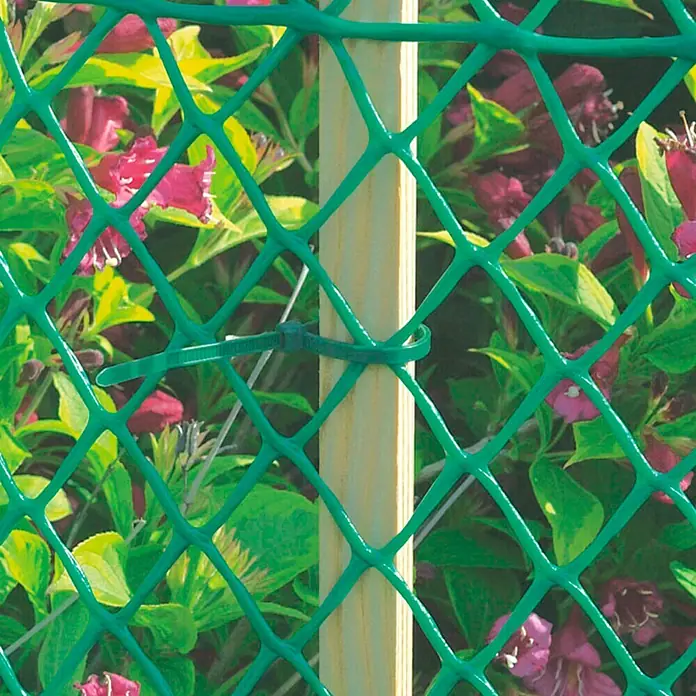 Nortene Malla protectora Floranet - Verde, L x Al: 5 x 0,4 m - Primer plano de una malla anudada verde sujeta alrededor de una estaca de madera, que actúa como protección para plantas.