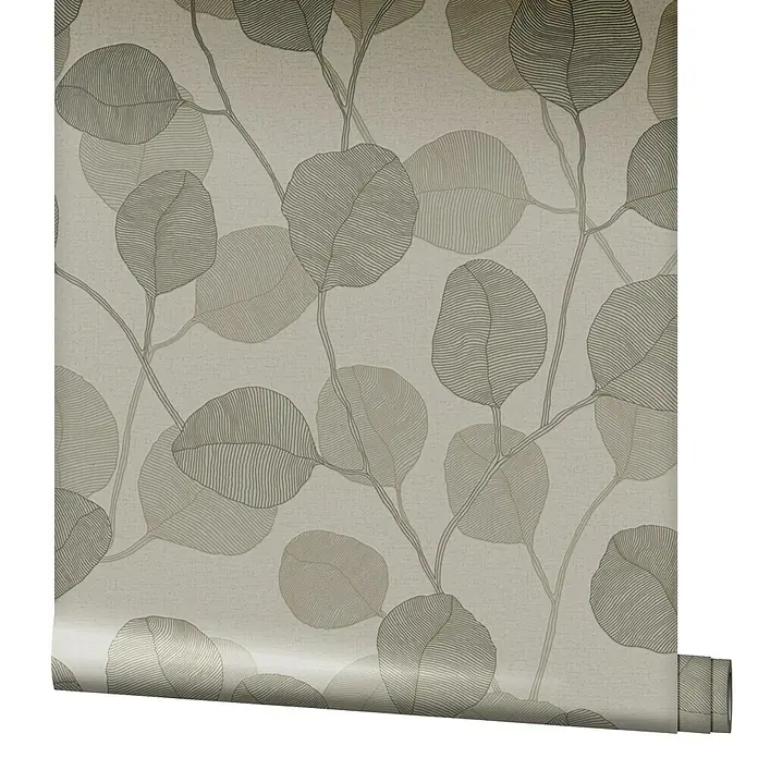 Marburg GZSZ Vliestapete Blätterranke - Beige/Braun, Floral, 10,05 x 0,53 m - Eine Nahaufnahme einer Rolle Tapete mit einem stilvollen Eukalyptusblattmuster in neutralen Farbtönen, ideal für moderne Interieurs.