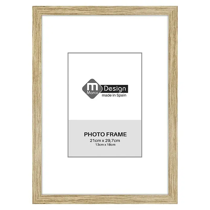 Marco de fotos Dalia - DIN A4, 21 x 29,7 cm, Roble, Vidrio - Marco de fotos de madera con impresión "Marco Design made in Spain", apto para fotos de 21x29,7 cm y 13x18 cm.