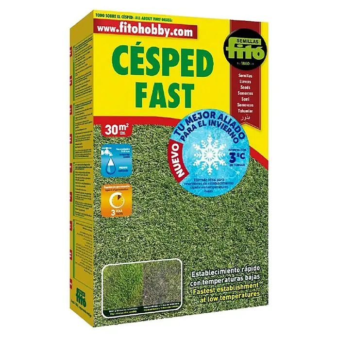 Semillas de césped Fast Invierno - 1 kg, 30 m² - La imagen muestra un paquete de semillas de césped Fito Hobby "Césped Fast", destacando su rápido establecimiento incluso a bajas temperaturas.