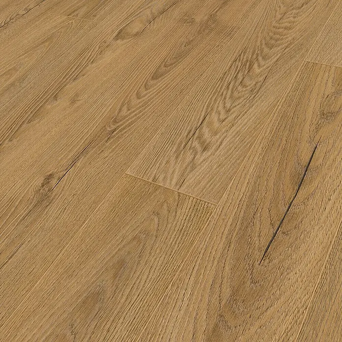 Krono Original Laminat Atlantic 12 - Inca Carpenter Oak, Landhausdiele, 1.288 x 195 x 12 mm - Nahaufnahme eines Holzbodenbelags mit Maserung in warmen Brauntönen, der eine rustikale und natürliche Ästhetik bietet.