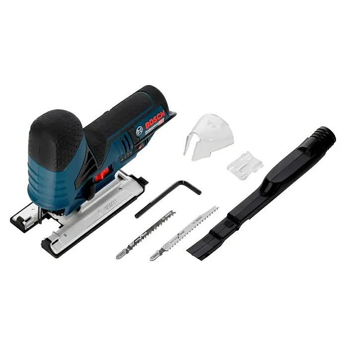 Bosch Professional Akku-Stichsäge GST 12V-7012 V, Li-Ionen, Ohne Akku, Leerlaufhubzahl: 1.500 /min - 2.800 /min - Eine Bosch Stichsäge mit Zubehör. Das Bild zeigt die Stichsäge zusammen mit verschiedenen Sägeblättern und weiterem Zubehör.