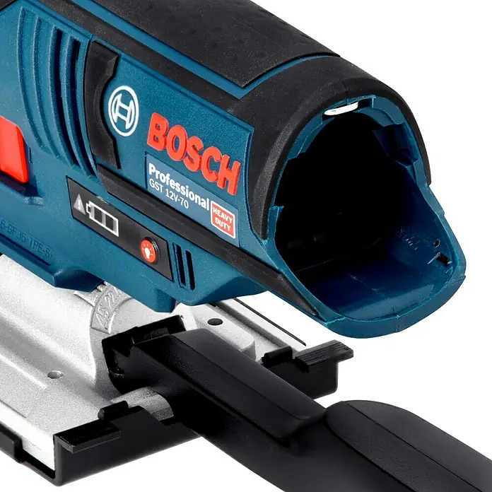 Bosch Professional Akku-Stichsäge GST 12V-7012 V, Li-Ionen, Ohne Akku, Leerlaufhubzahl: 1.500 /min - 2.800 /min - Nahaufnahme einer Bosch Professional GST 12V-70 Akku-Stichsäge, die die Marke und das Design hervorhebt.