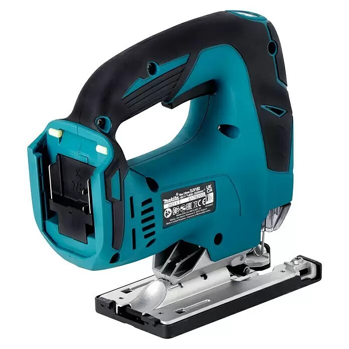 Makita LXT 18V Sierra de calar de batería DJV182Z - 18 V, Iones de litio, Sin batería, Número de carreras marcha en vacío: 800 /min - 3.500 /min - Sierra de calar inalámbrica Makita DJV182 en turquesa y negro, con ranura para batería y placa base metálica.
