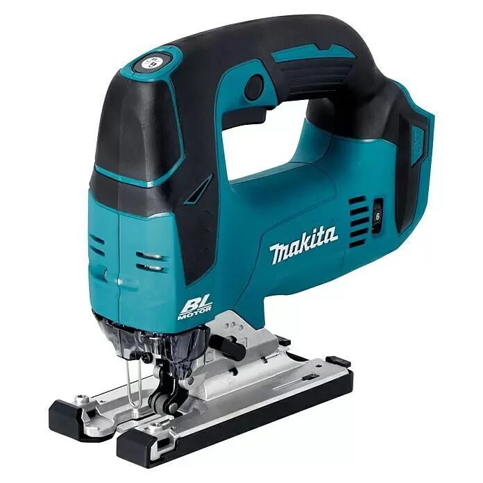 Makita LXT 18V Sierra de calar de batería DJV182Z - 18 V, Iones de litio, Sin batería, Número de carreras marcha en vacío: 800 /min - 3.500 /min - Una sierra de calar inalámbrica Makita turquesa y negra con motor sin escobillas, dial de velocidad variable y base metálica.