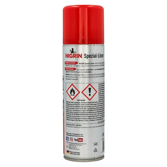 Nigrin Spezial-Löser - 300 ml - Abbildung einer Nigrin Spezial-Löser Sprühdose. Entfernt mühelos Etiketten, Teer und Harz von glatten Oberflächen.