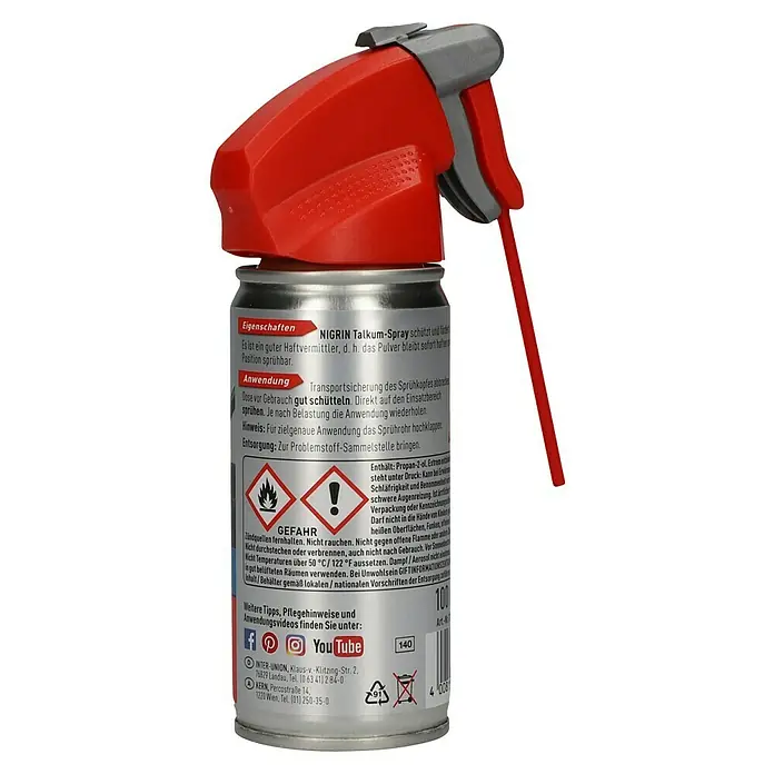 Nigrin Talkum-Spray - 100 ml - NIGRIN Talkum-Spray in roter Sprühflasche. Schützt und macht Oberflächen rutschfest, ideal für Werkstatt und Hobby.
