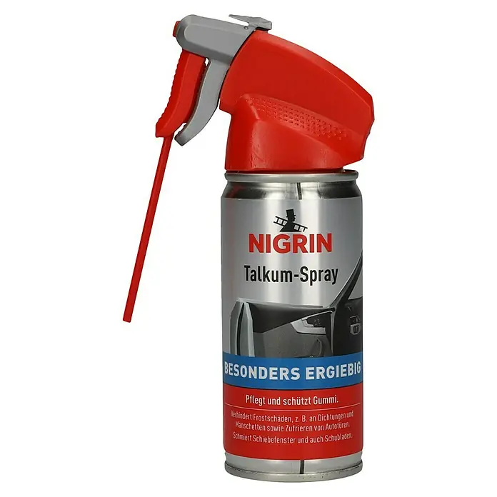 Nigrin Talkum-Spray - 100 ml - Nigrin Talkum-Spray: Pflegt Gummi, verhindert Frostschäden an Dichtungen und schmiert Schiebefenster. Ideal für die Autopflege.
