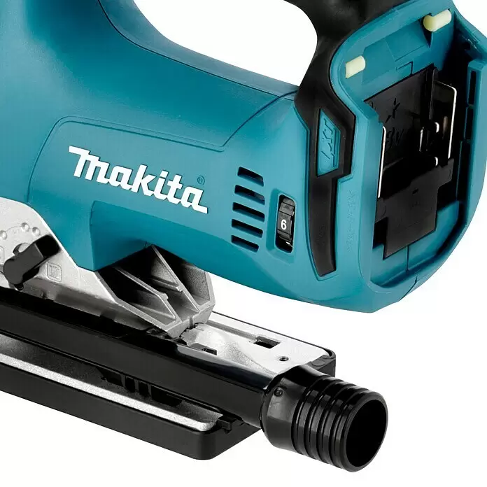 Makita LXT 18V Sierra de calar de batería DJV182Z - 18 V, Iones de litio, Sin batería, Número de carreras marcha en vacío: 800 /min - 3.500 /min - Primer plano de una sierra de calar Makita inalámbrica turquesa y negra con base de metal, dial de velocidad en 6 y puerto para polvo.