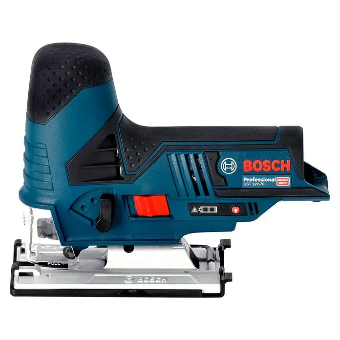 Bosch Professional Akku-Stichsäge GST 12V-70 - 12 V, Li-Ionen, Ohne Akku, Leerlaufhubzahl: 1.500 /min - 2.800 /min - Abbildung einer Bosch GST 12V-70 Professional Stichsäge. Ein akkubetriebenes Elektrowerkzeug für präzise Schnitte in verschiedenen Materialien.