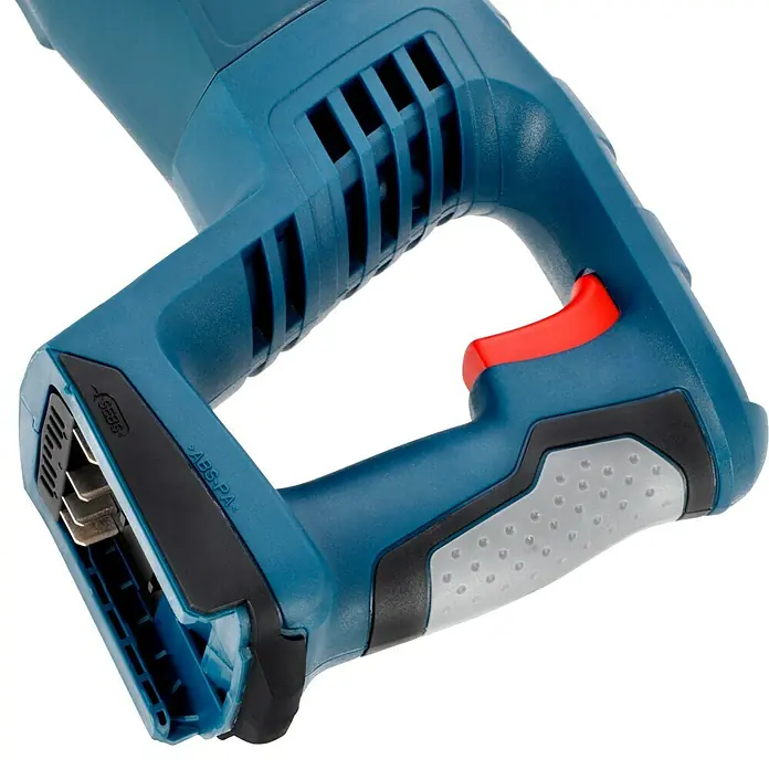 Bosch Professional AMPShare 18V Akku-Säbelsäge GSA 18 V-LI - 18 V, Ohne Akku, Leerlaufhubzahl: 0 /min - 2.700 /min - Detailaufnahme einer blau-schwarzen Akku-Reciprosäge mit rotem Auslöser und Lüftungsschlitzen.