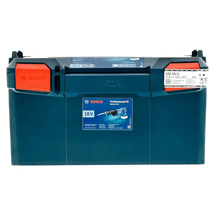 Bosch Professional AMPShare 18V Akku-Säbelsäge GSA 18 V-LI - 18 V, Ohne Akku, Leerlaufhubzahl: 0 /min - 2.700 /min - Abbildung einer blauen Bosch L-Boxx mit dem Bosch Professional GSA 18 V-LI Säbelsäge-Aufkleber auf der Vorderseite.