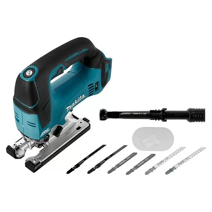 Makita LXT 18V Sierra de calar de batería DJV182Z - 18 V, Iones de litio, Sin batería, Número de carreras marcha en vacío: 800 /min - 3.500 /min - Sierra de calar Makita turquesa y negra con varias hojas de sierra, una boquilla para polvo y un protector anti-astillas.