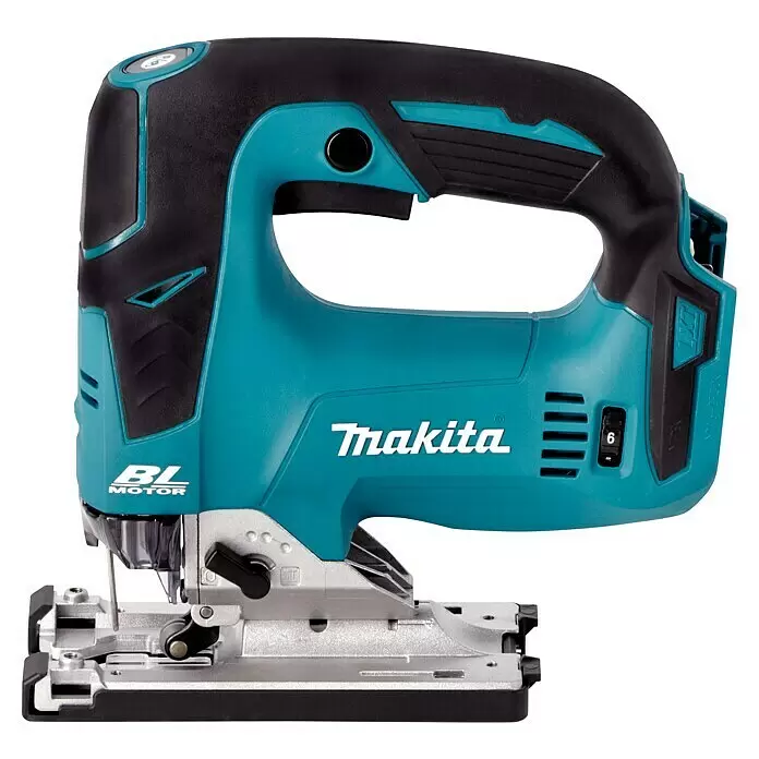 Makita LXT 18V Sierra de calar de batería DJV182Z - 18 V, Iones de litio, Sin batería, Número de carreras marcha en vacío: 800 /min - 3.500 /min - Una sierra de calar inalámbrica Makita negra y azul verdoso con placa base de metal y marca BL motor.