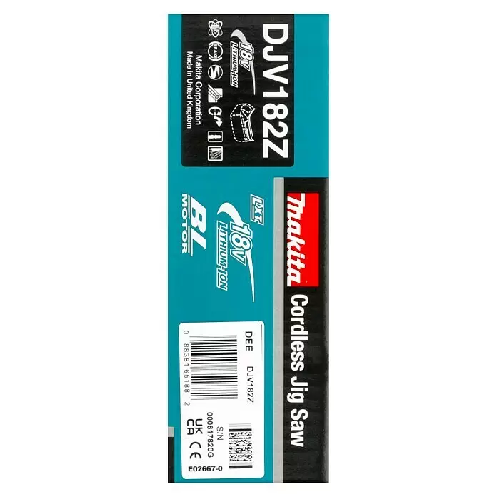Makita LXT 18V Sierra de calar de batería DJV182Z - 18 V, Iones de litio, Sin batería, Número de carreras marcha en vacío: 800 /min - 3.500 /min - Embalaje sierra de calar inalámbrica Makita DJV182Z 18V, verde y negro.