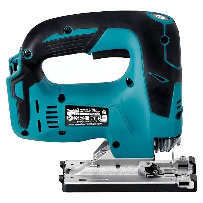 Makita LXT 18V Sierra de calar de batería DJV182Z - 18 V, Iones de litio, Sin batería, Número de carreras marcha en vacío: 800 /min - 3.500 /min - Sierra de calar inalámbrica Makita DJV182 18V turquesa y negra con base metálica.