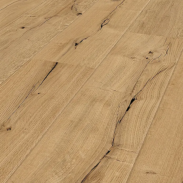 Krono Original Laminatmuster Organic Veneer Parquet Wildeiche braun - 297 x 244 x 8,5 mm, Landhausdiele, Wildeiche braun - Nahaufnahme eines hellbraunen Eichenparkettbodens, der die natürliche Maserung und Textur des Holzes hervorhebt.