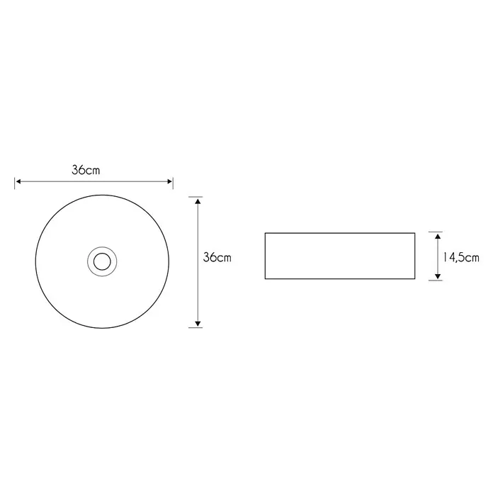 Lavabo de sobremesa Xana - Ø x Al: 36 x 14,5 cm, Sin desbordamiento, Negro - Dibujo de un lavabo redondo con dimensiones de 36 cm de diámetro y una jabonera rectangular con dimensiones de 4,5 cm de altura.