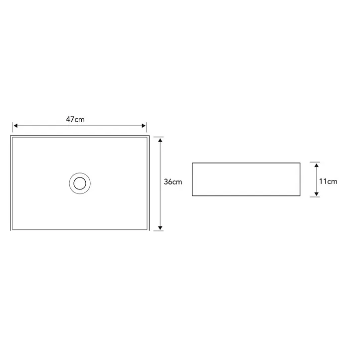Lavabo de sobremesa Vega - 47 x 36 cm, Sin desbordamiento, Blanco - Imagen del producto que muestra detalles técnicos de un lavabo rectangular, de 47 x 36 cm, y una altura de 11 cm.