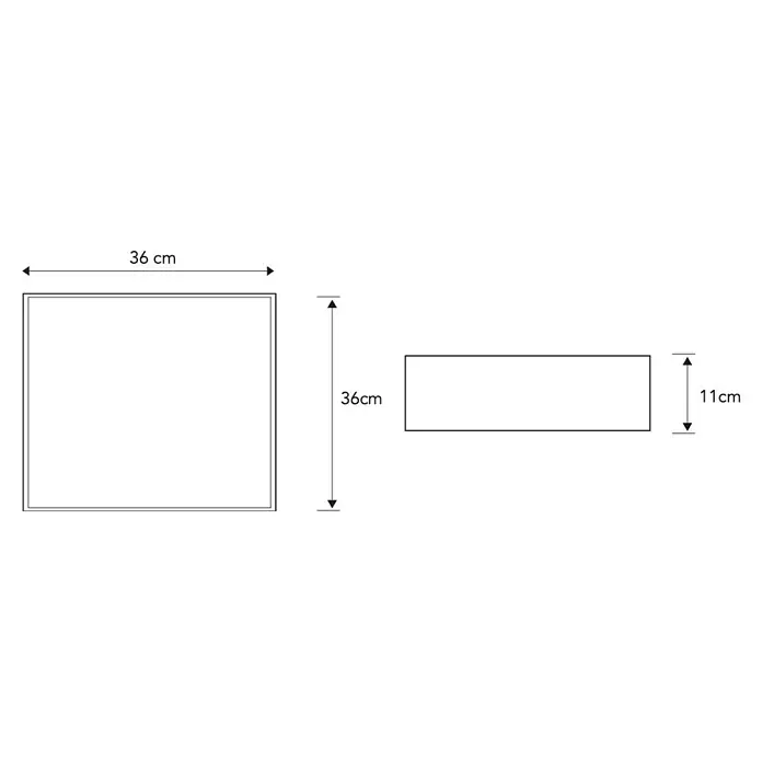 Conjunto de mueble de baño Aidan - Teka, 4 pzs. - Dibujo con las dimensiones de un panel cuadrado (36x36 cm) y una luminaria rectangular (11 cm de altura).