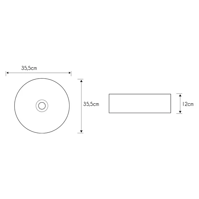 Conjunto de mueble de baño Emma -  - Dibujo técnico de un lavabo redondo de 35,5 cm y un objeto rectangular con una altura de 12 cm.
