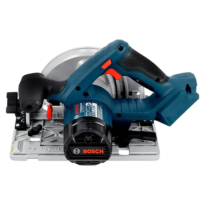Bosch Professional AMPShare 18V Akku-Handkreissäge GKS 18V-57 G L-Boxx - 18 V, Ohne Akku, Leerlaufdrehzahl: 3.400 U/min, Sägeblatt: 165 mm - Nahaufnahme einer Bosch Professional GKS 18V-57 G Kreissäge. Sie ist blau und schwarz und hat ein silbernes Sägeblatt.