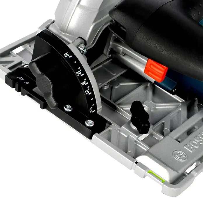 Bosch Professional AMPShare 18V Akku-Handkreissäge GKS 18V-57 G L-Boxx - 18 V, Ohne Akku, Leerlaufdrehzahl: 3.400 U/min, Sägeblatt: 165 mm - Detailaufnahme einer Bosch Kreissäge, die verschiedene Winkeleinstellungen für präzise Schnitte ermöglicht.