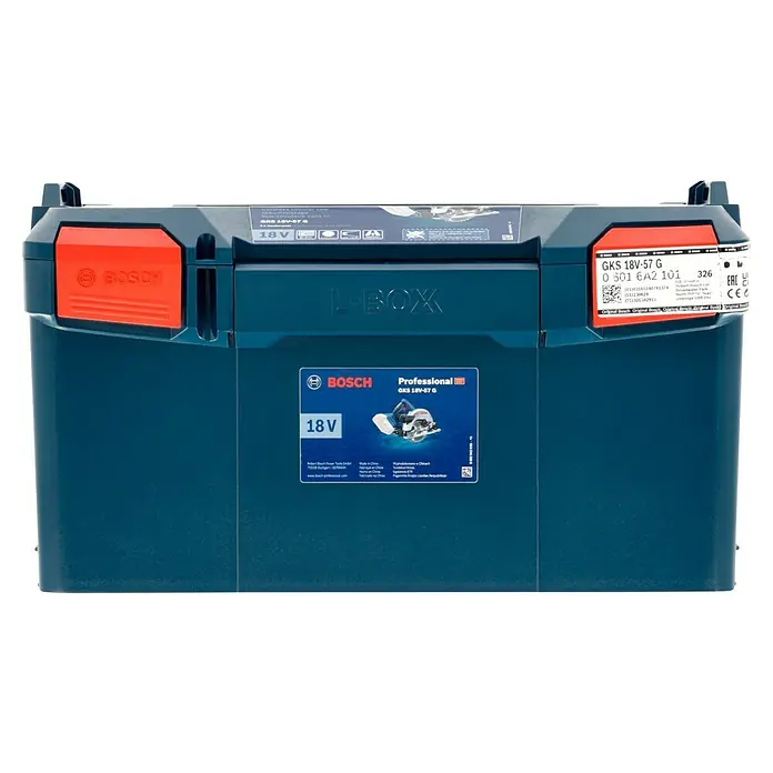 Bosch Professional AMPShare 18V Akku-Handkreissäge GKS 18V-57 G L-Boxx - 18 V, Ohne Akku, Leerlaufdrehzahl: 3.400 U/min, Sägeblatt: 165 mm - Eine blaue Bosch L-Boxx Professional GKS 18V-57 G, ein robuster Werkzeugkoffer für den sicheren Transport und die Aufbewahrung von Elektrowerkzeugen.