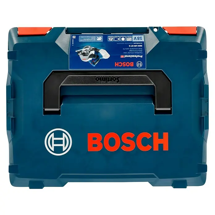 Bosch Professional AMPShare 18V Akku-Handkreissäge GKS 18V-57 G L-Boxx - 18 V, Ohne Akku, Leerlaufdrehzahl: 3.400 U/min, Sägeblatt: 165 mm - Blaue Bosch-Werkzeugkiste mit dem Sortimo Schriftzug auf dem Griff und dem Bosch-Logo und Produktinformationen auf der Oberseite.