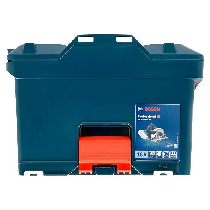 Bosch Professional AMPShare 18V Sierra circular de batería GKS 18V-57 G L-Boxx -  - Maleta de herramientas Bosch azul con cierre rojo, con una etiqueta para la sierra circular Bosch Professional GKS 18V-57 G.