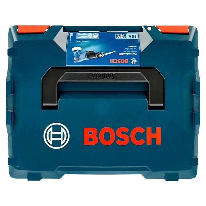 Bosch Professional AMPShare 18V Akku-Säbelsäge GSA 18 V-LI - 18 V, Ohne Akku, Leerlaufhubzahl: 0 /min - 2.700 /min - Die blaue Bosch Werkzeugkiste mit dem Bosch Logo, dem Sortimo Logo und dem Hinweis auf die GSA 18 V-LI Akku-Säbelsäge.