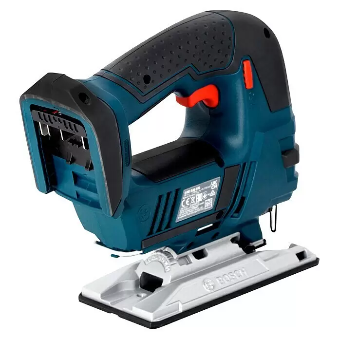 Bosch Professional AMPShare 18V Sierra de calar de batería GST 18V-LI L-Boxx - 18 V, Sin batería, Número de carreras marcha en vacío: 0 /min - 2.700 /min - Sierra de calar inalámbrica Bosch azul y negra con base plateada, vista en ángulo.