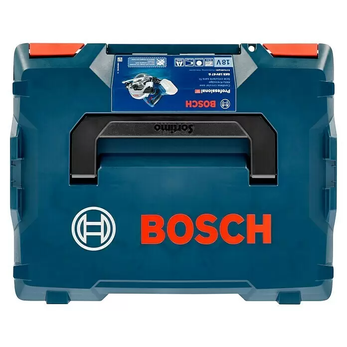 Bosch Professional AMPShare 18V Sierra de calar de batería GST 18V-LI L-Boxx - 18 V, Sin batería, Número de carreras marcha en vacío: 0 /min - 2.700 /min - Caja de herramientas Bosch azul con asa negra y detalles rojos, con etiqueta para una sierra circular a batería GKS 18V-57 G.