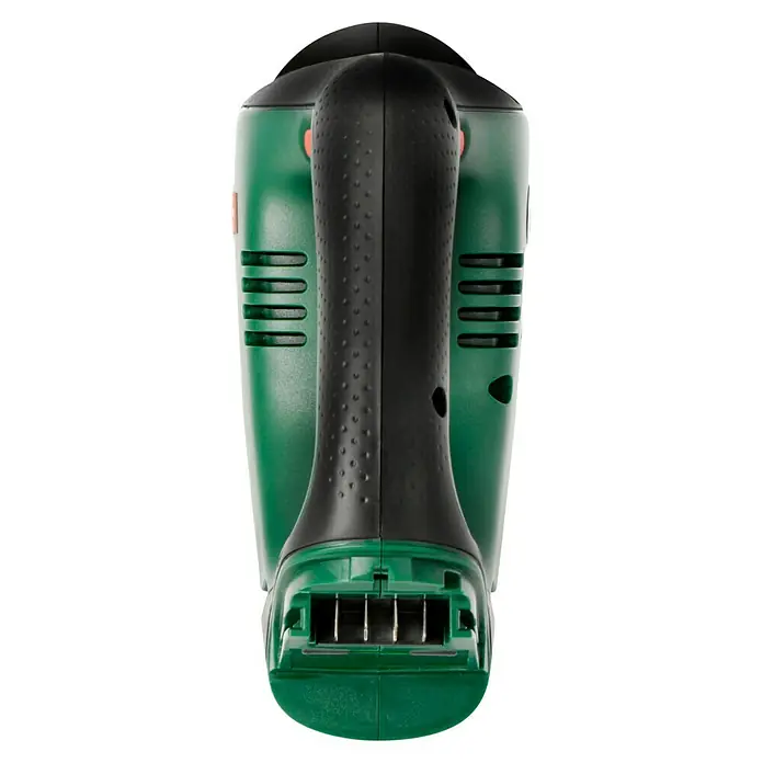Bosch Power for All 18V Akku-Säbelsäge AdvancedRecip 18 - 18 V, Ohne Akku, Leerlaufhubzahl: 0 /min - 3.100 /min - Nahaufnahme einer Akku-Gras- und Strauchschere mit grünem Gehäuse und schwarzem Griff.