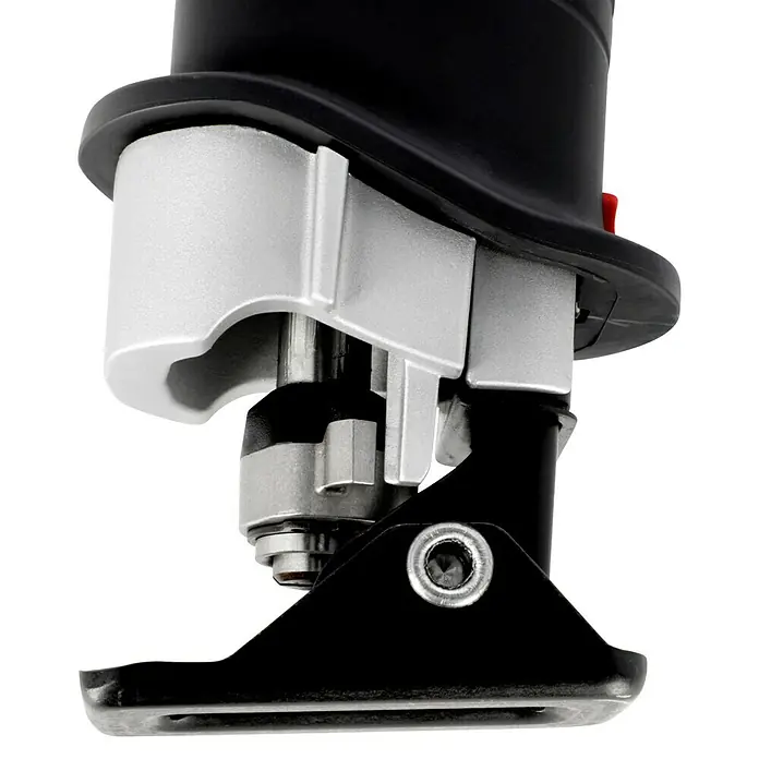 Bosch Professional AMPShare 18V Akku-Säbelsäge GSA 18V-32 - 18 V, Ohne Akku, 0 /min - 2.500 /min, Karton - Nahaufnahme der Basis einer Stichsäge mit silberfarbenen und schwarzen Elementen für präzise Holzarbeiten.