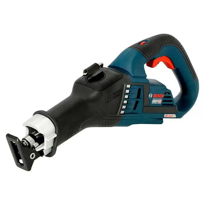 Bosch Professional AMPShare 18V Akku-Säbelsäge GSA 18V-32 - 18 V, Ohne Akku, 0 /min - 2.500 /min, Karton - Abgebildete Bosch Säbelsäge mit blauem Gehäuse, schwarzem Griff und silberner Klinge für vielseitige Sägearbeiten in Werkstätten.