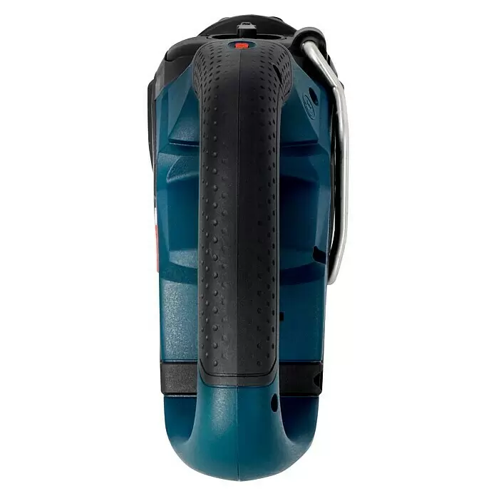 Bosch Professional AMPShare 18V Sierra de sable de batería GSA 18V-32 - 18 V, Sin batería, 0 /min - 2.500 /min, Maleta - Vista superior de una herramienta eléctrica azul y negra con mango texturizado y botón rojo. Con barra de metal plateada.