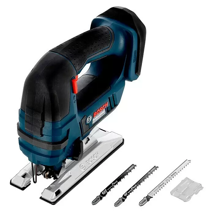 Bosch Professional AMPShare 18V Sierra de calar de batería GST 18V-LI L-Boxx - 18 V, Sin batería, Número de carreras marcha en vacío: 0 /min - 2.700 /min - Sierra de calar profesional inalámbrica Bosch azul y negra con tres tipos diferentes de hojas de sierra y una cubierta de plástico transparente.