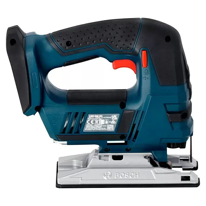 Bosch Professional AMPShare 18V Sierra de calar de batería GST 18V-LI L-Boxx - 18 V, Sin batería, Número de carreras marcha en vacío: 0 /min - 2.700 /min - Sierra de calar Bosch azul y negra con gatillo rojo y base plateada. Una herramienta eléctrica inalámbrica para cortar diversos materiales.