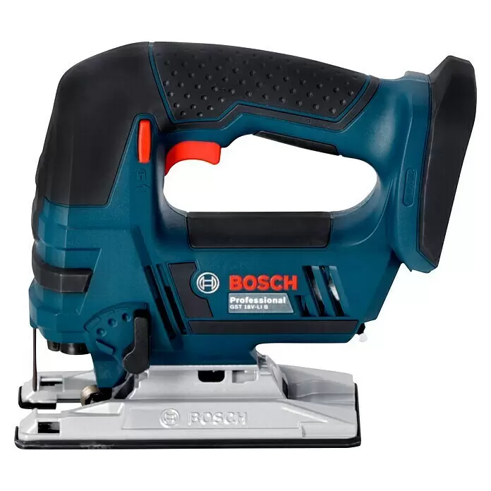 Bosch Professional AMPShare 18V Sierra de calar de batería GST 18V-LI L-Boxx - 18 V, Sin batería, Número de carreras marcha en vacío: 0 /min - 2.700 /min - Sierra de calar Bosch a batería azul y negra con gatillo y controles rojos, con una base plateada.