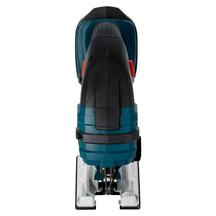Bosch Professional AMPShare 18V Sierra de calar de batería GST 18V-LI L-Boxx - 18 V, Sin batería, Número de carreras marcha en vacío: 0 /min - 2.700 /min - Una sierra de calar azul y negra con empuñadura superior y placa base plateada, vista desde arriba, destacando el área de la hoja.